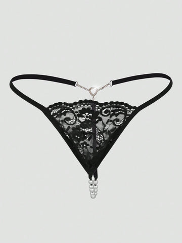 Men's Black Lace Sheer Pearl Decor Sexy G-String Briefs