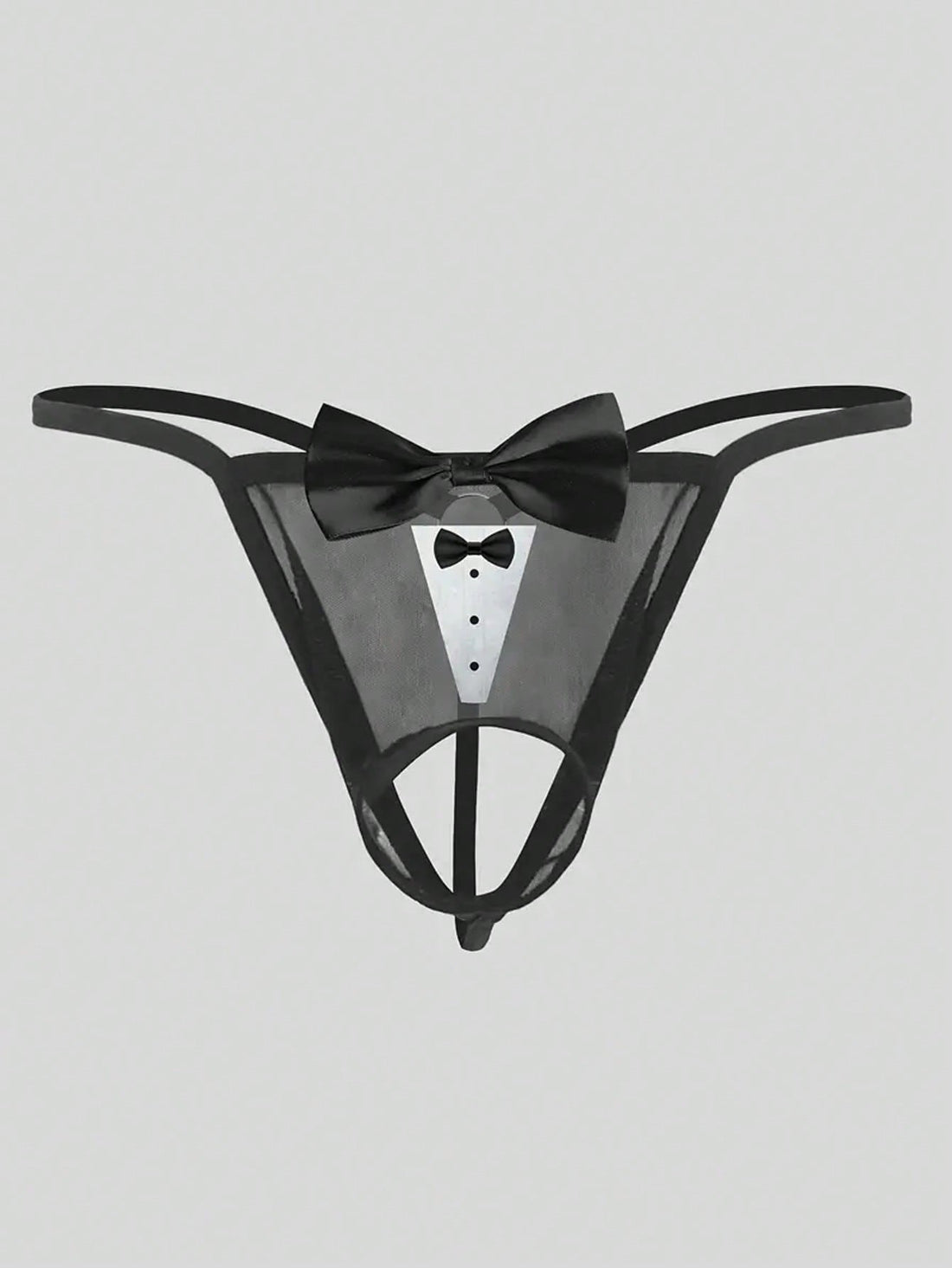 Men's black sheer mesh thong underwear with Halloween bow print pattern, bow decor, and cut-out details