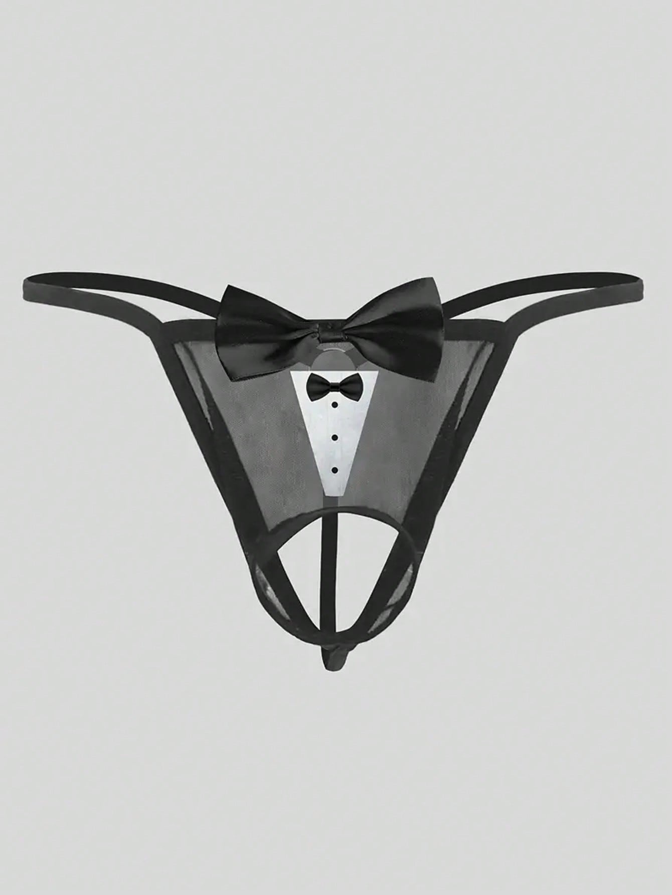 Men's black sheer mesh thong underwear with Halloween bow print pattern, bow decor, and cut-out details
