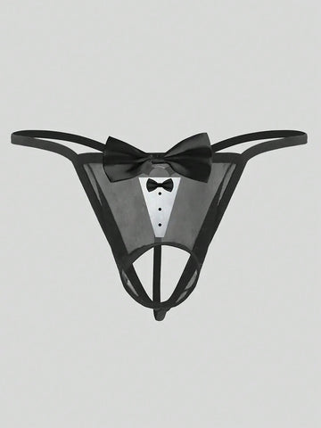 Men's black sheer mesh thong underwear with Halloween bow print pattern, bow decor, and cut-out details