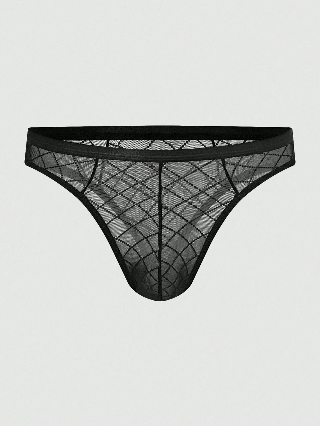 Men's sheer mesh low-rise thong underwear in multicolor plaid and random print fabric