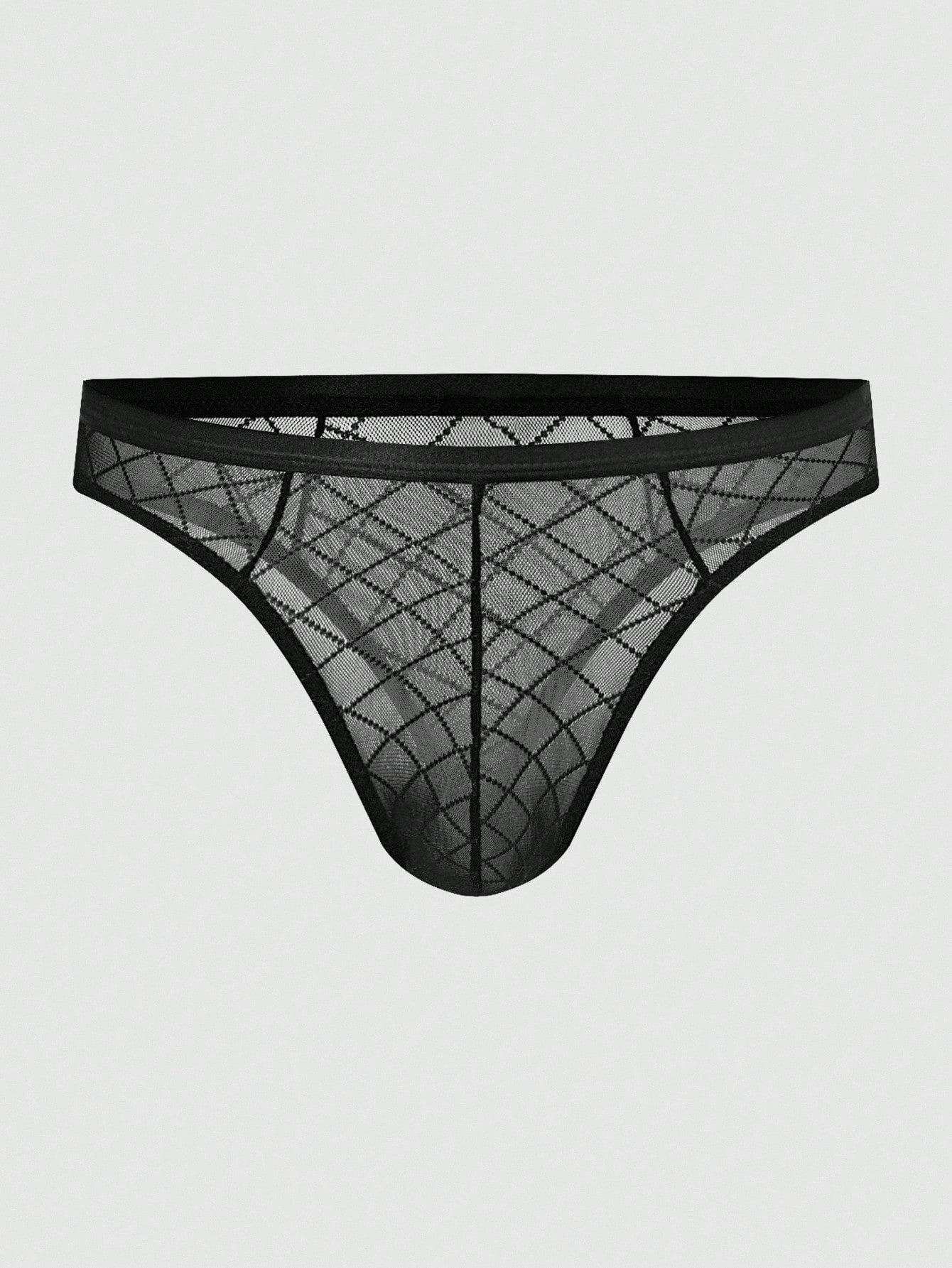 Men's sheer mesh low-rise thong underwear in multicolor plaid and random print fabric