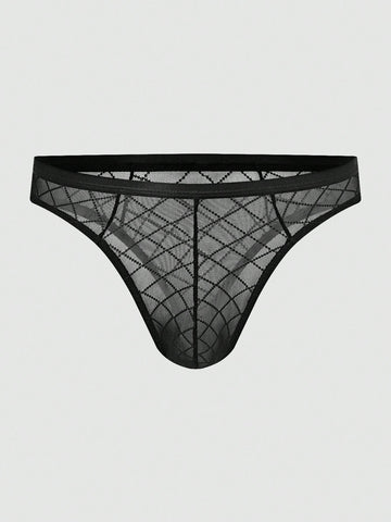 Men's sheer mesh low-rise thong underwear in multicolor plaid and random print fabric