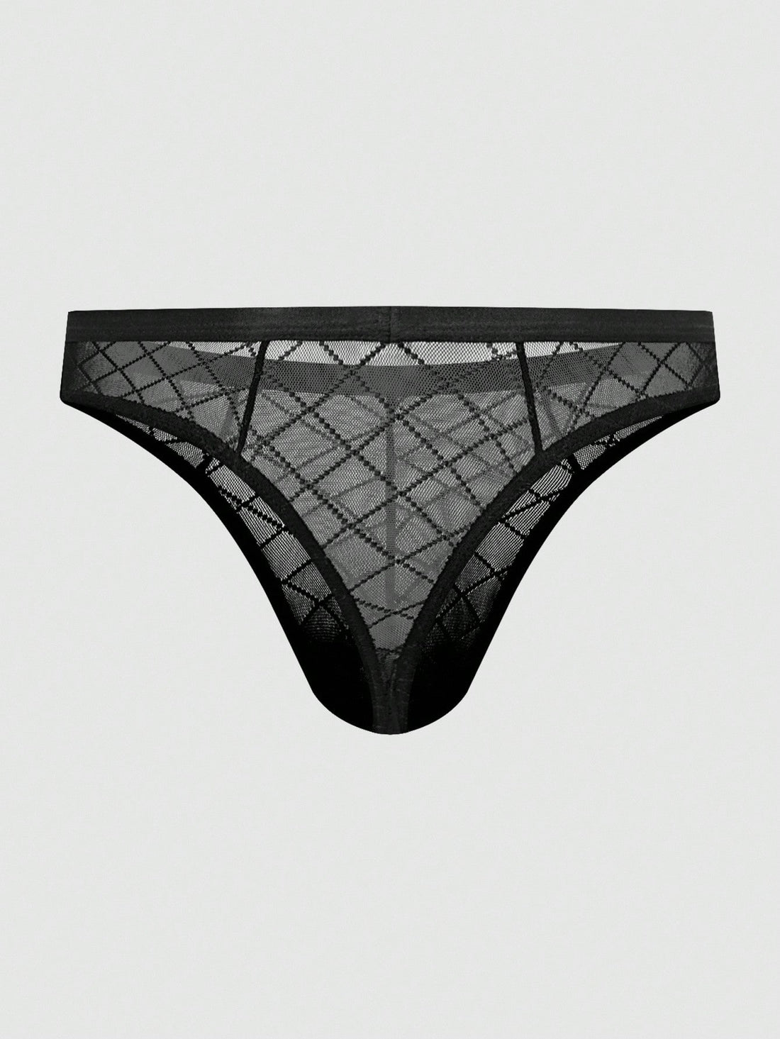 Men's sheer mesh low-rise thong underwear in multicolor plaid and random print fabric