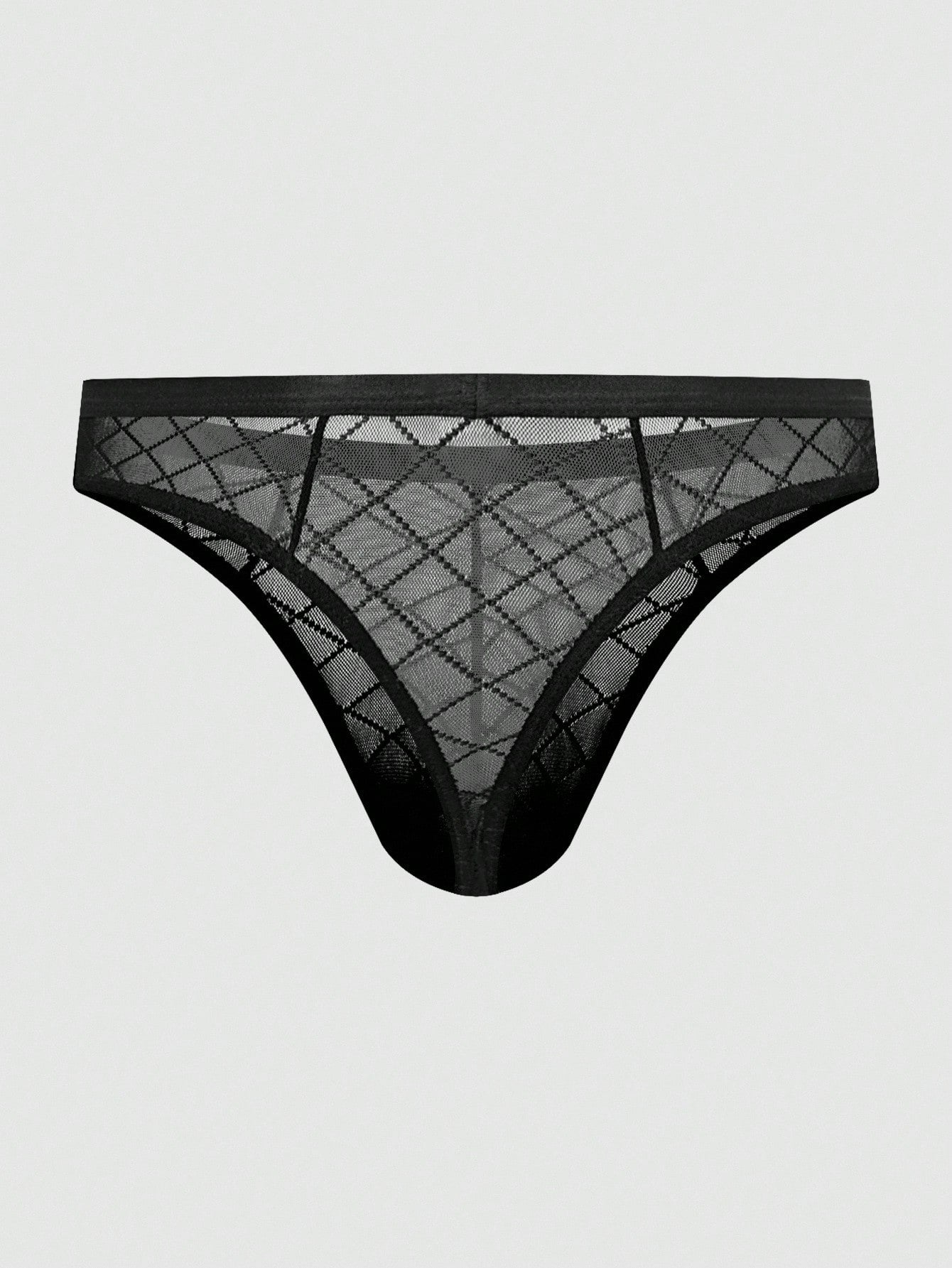 Men's sheer mesh low-rise thong underwear in multicolor plaid and random print fabric