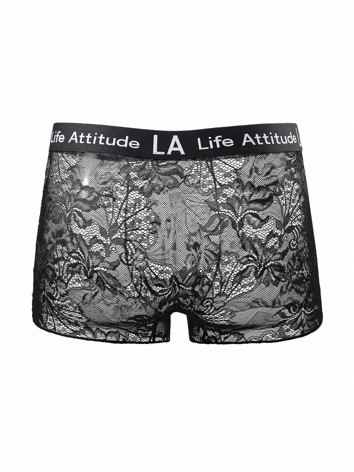 Men's black semi-sheer lace low-rise boxer shorts with a letter waistband and tape detail