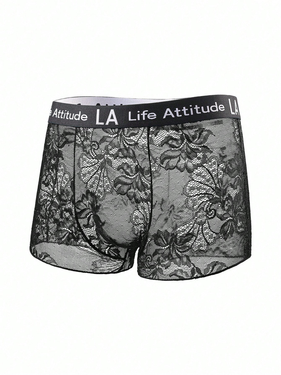 Men's black semi-sheer lace low-rise boxer shorts with a letter waistband and tape detail