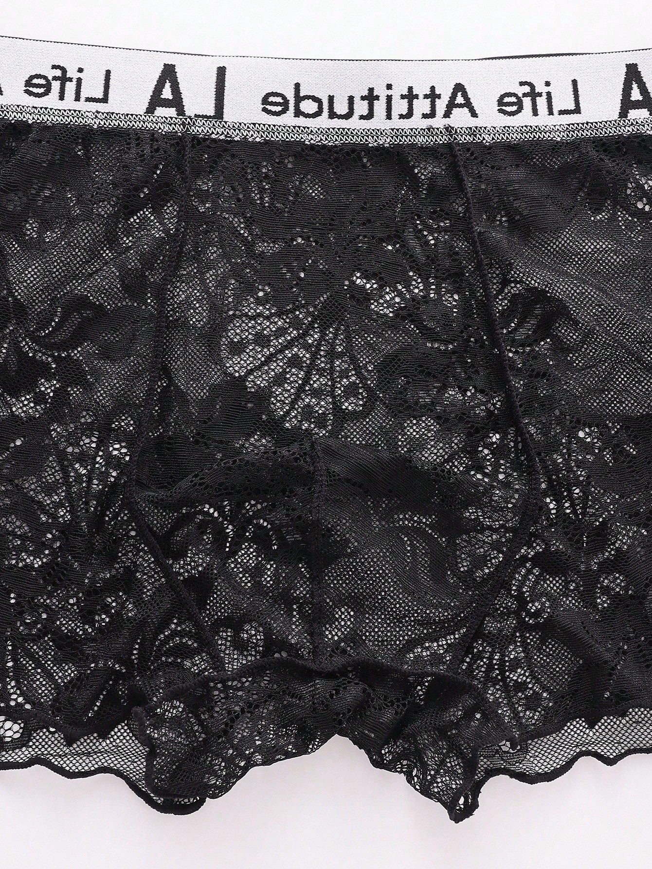 Men's black semi-sheer lace low-rise boxer shorts with a letter waistband and tape detail
