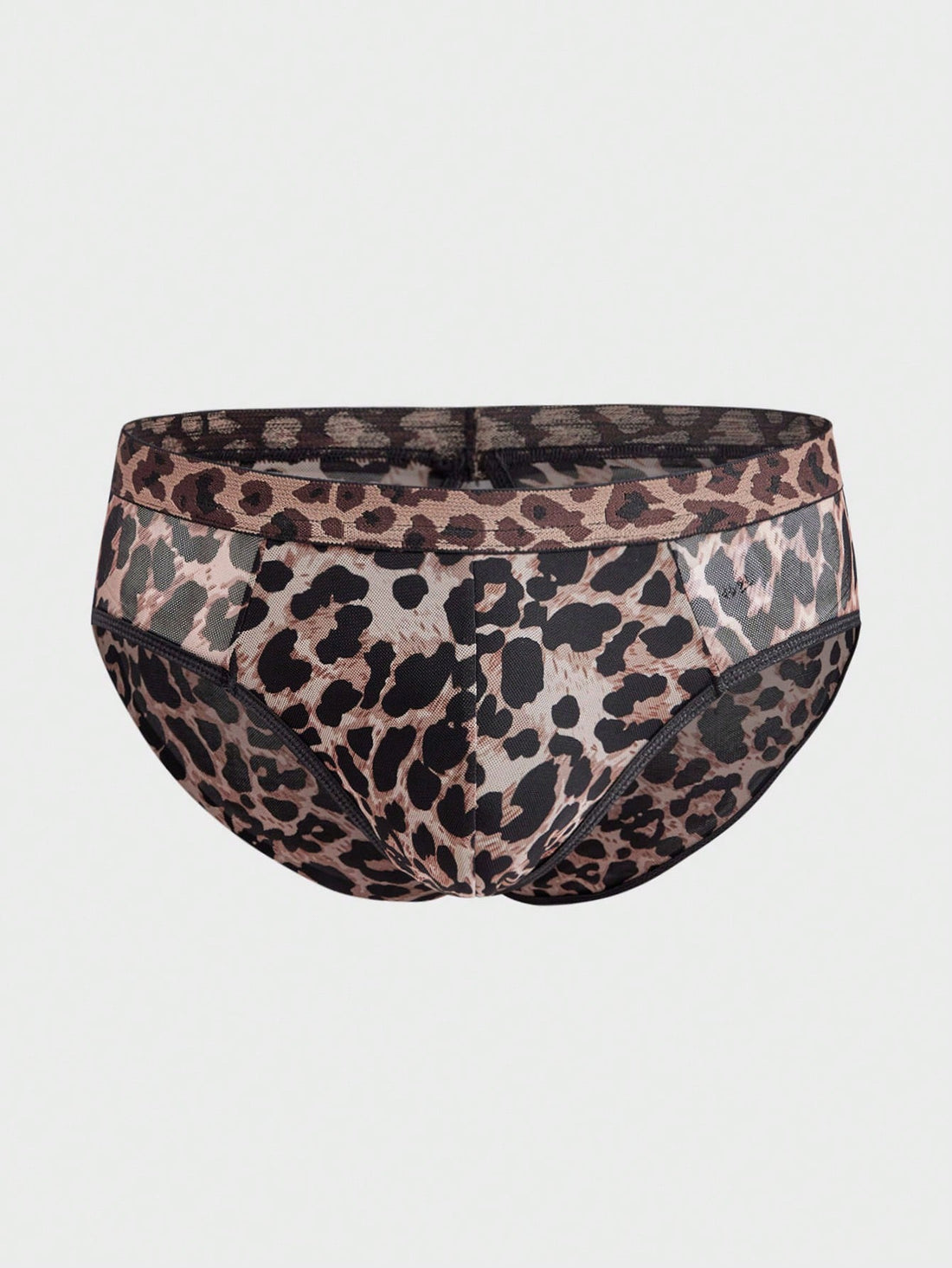 Men's brown leopard print mesh patchwork low rise briefs with leopard woven tape detail