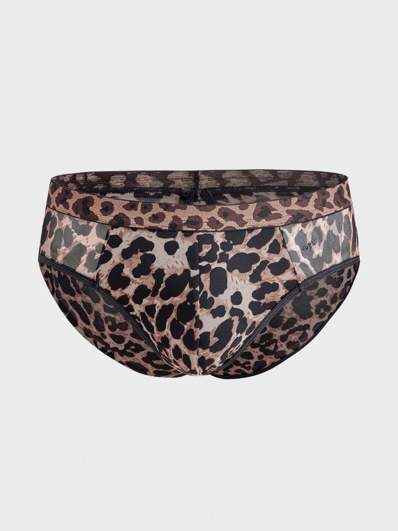 Men's brown leopard print mesh patchwork low rise briefs with leopard woven tape detail