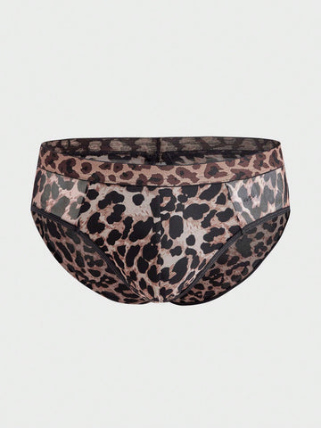 Men's brown leopard print mesh patchwork low rise briefs with leopard woven tape detail