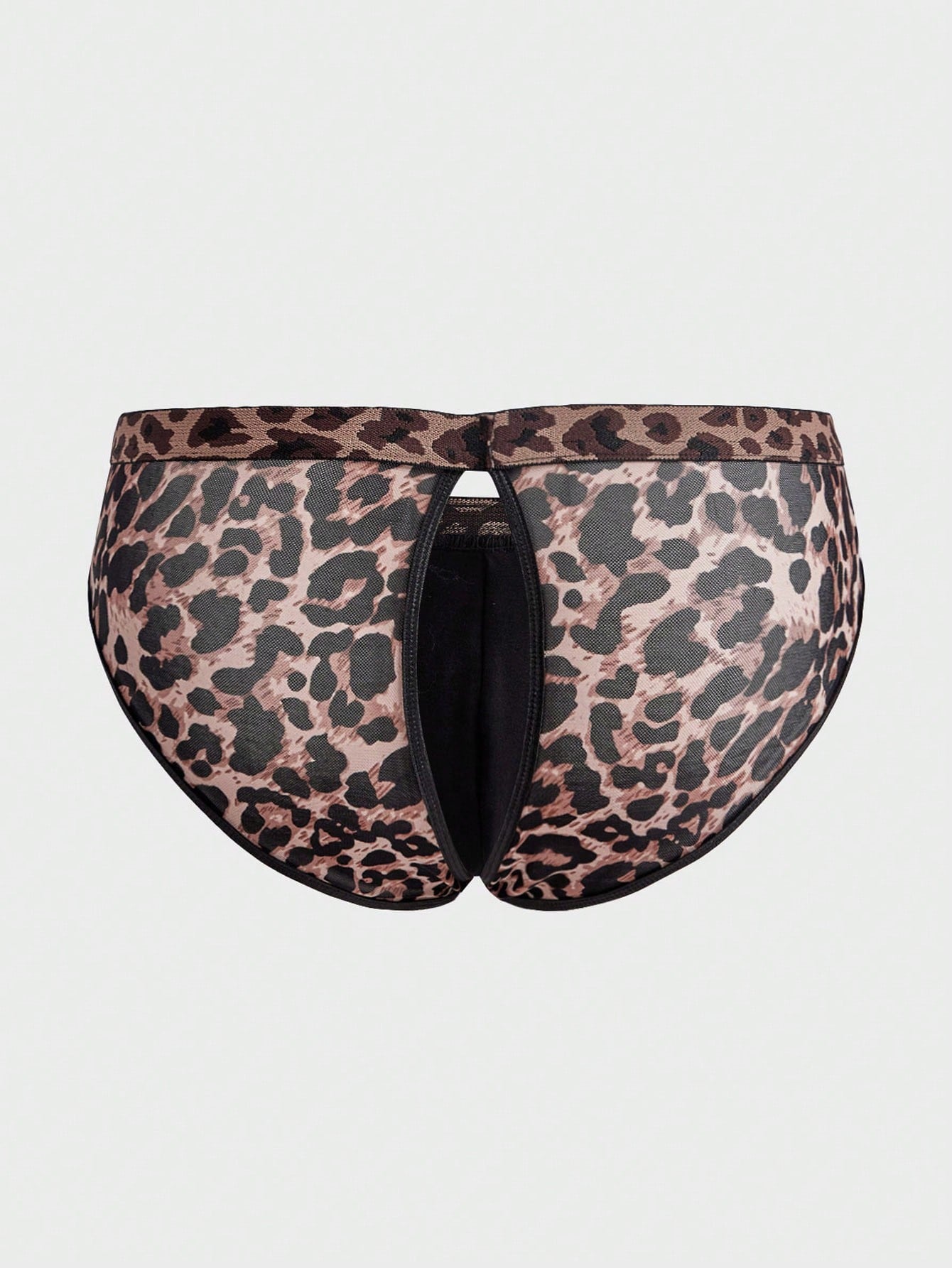 Men's brown leopard print mesh patchwork low rise briefs with leopard woven tape detail