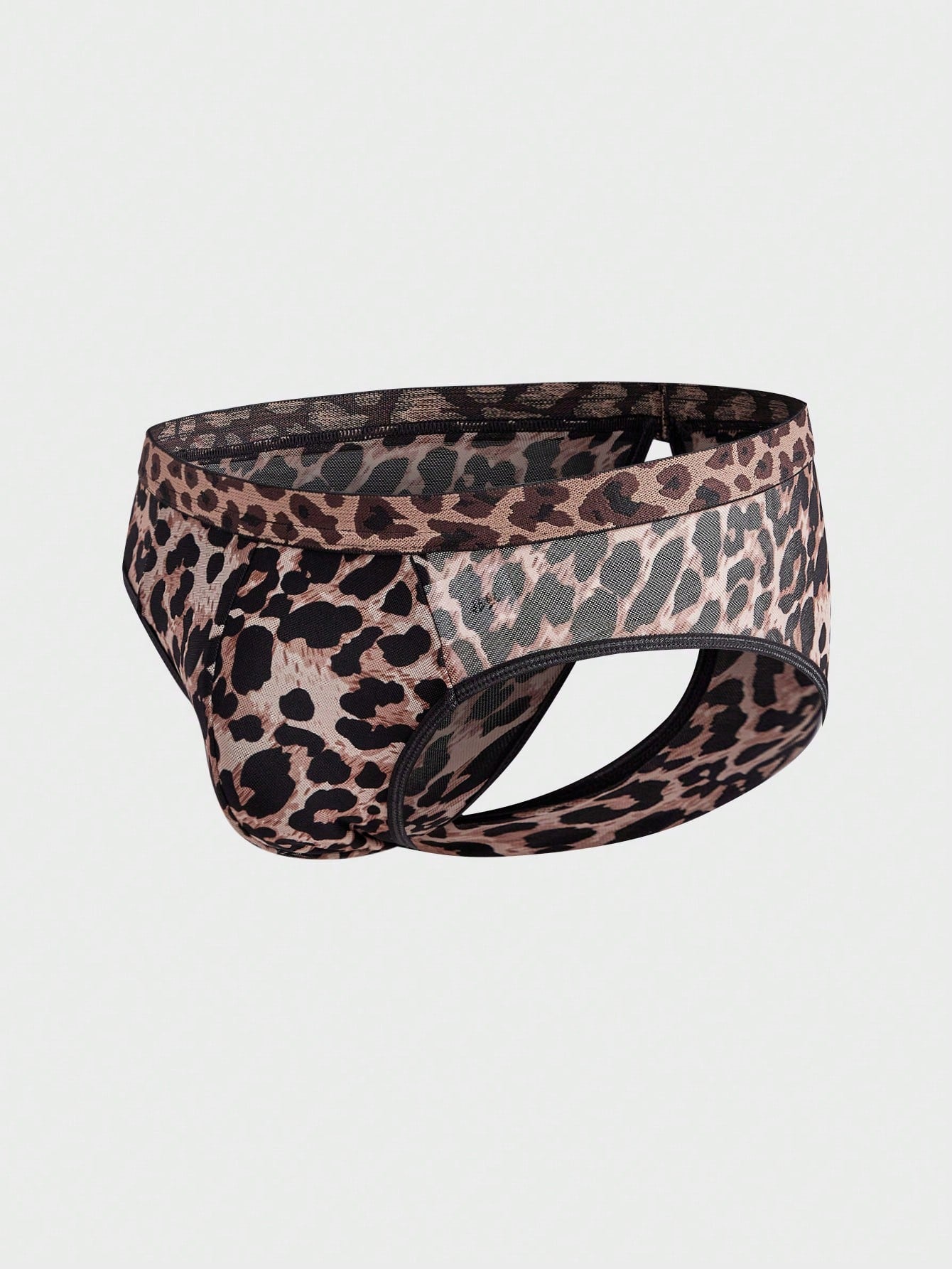 Men's brown leopard print mesh patchwork low rise briefs with leopard woven tape detail