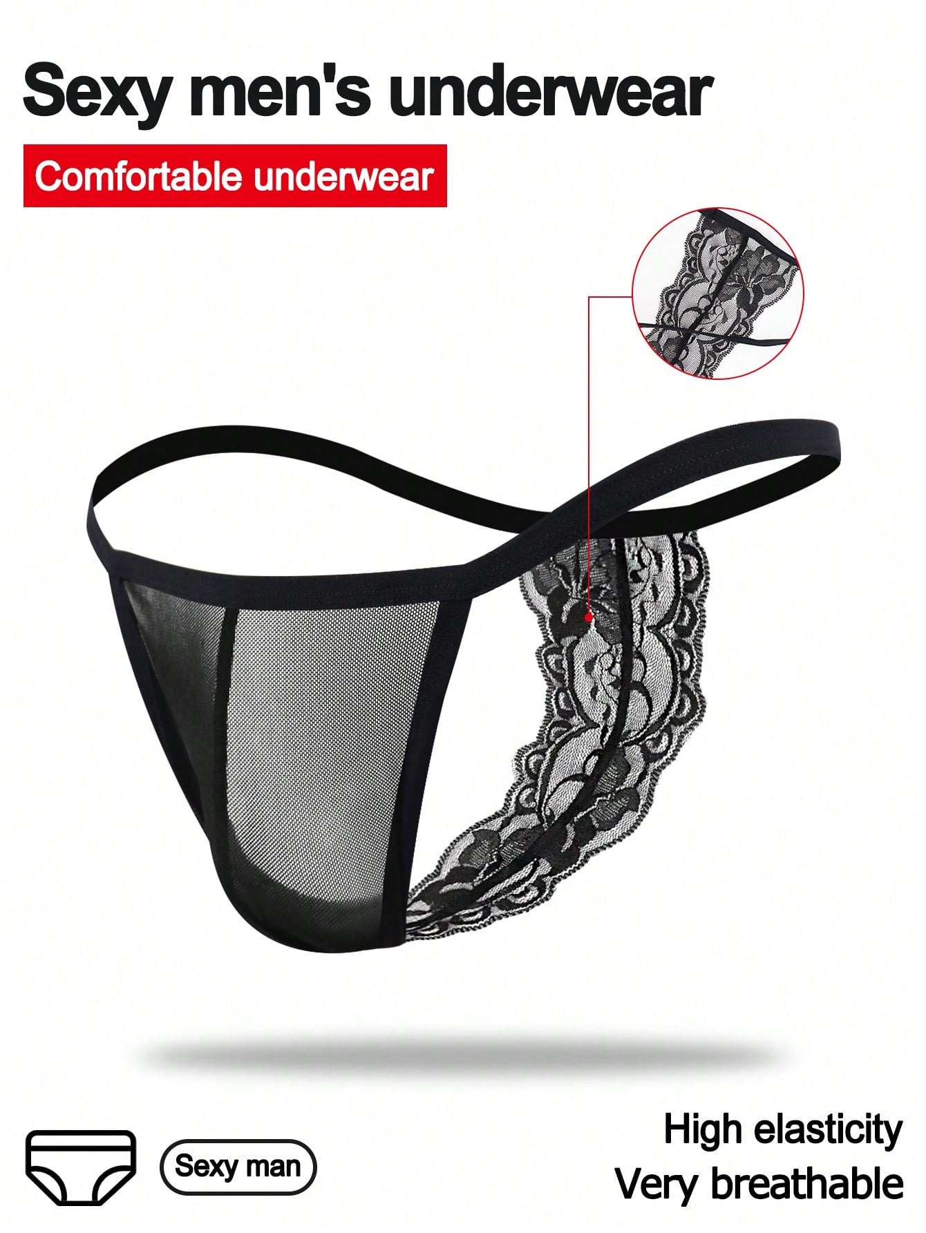 Men's black mesh hollow-out thong underwear with lace trim waist and low-rise brief styling