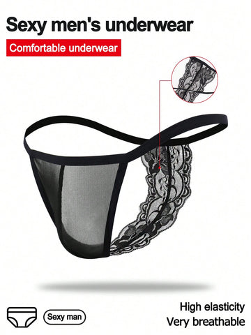 Men's black mesh hollow-out thong underwear with lace trim waist and low-rise brief styling