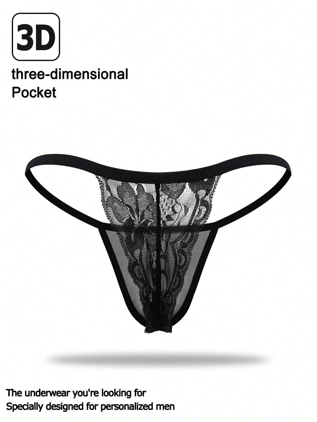 Men's black mesh hollow-out thong underwear with lace trim waist and low-rise brief styling