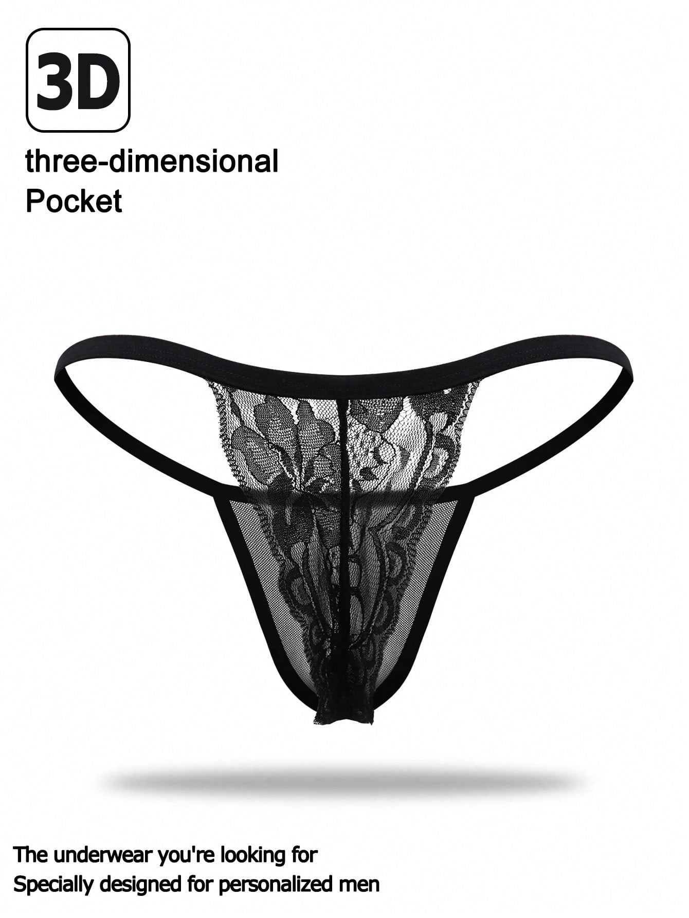Men's black mesh hollow-out thong underwear with lace trim waist and low-rise brief styling