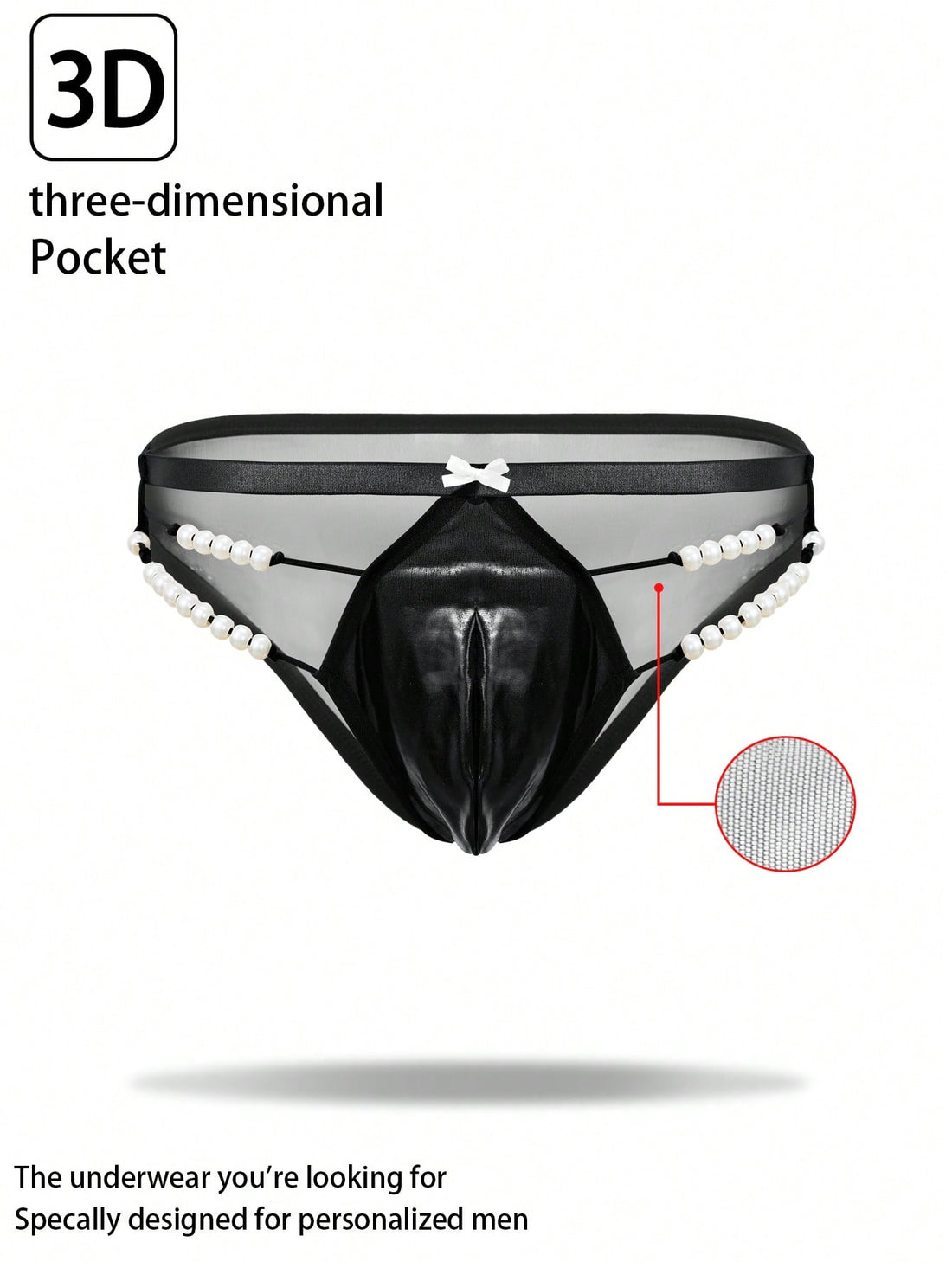 Men's black low-rise briefs with bow tie and pearl decor, colorblock styling, semi-sheer unlined body, and 3D pouch design.