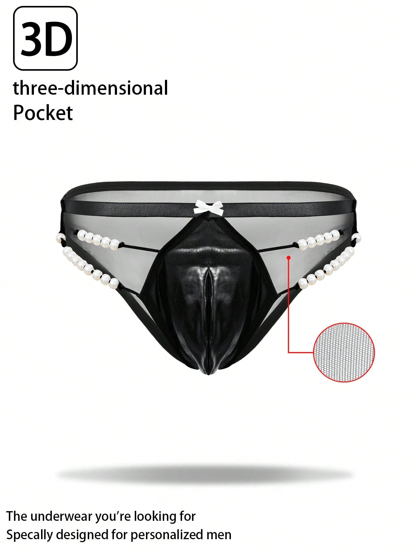 Men's black low-rise briefs with bow tie and pearl decor, colorblock styling, semi-sheer unlined body, and 3D pouch design.