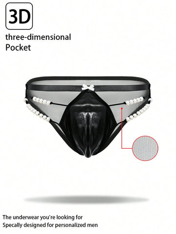 Men's black low-rise briefs with bow tie and pearl decor, colorblock styling, semi-sheer unlined body, and 3D pouch design.