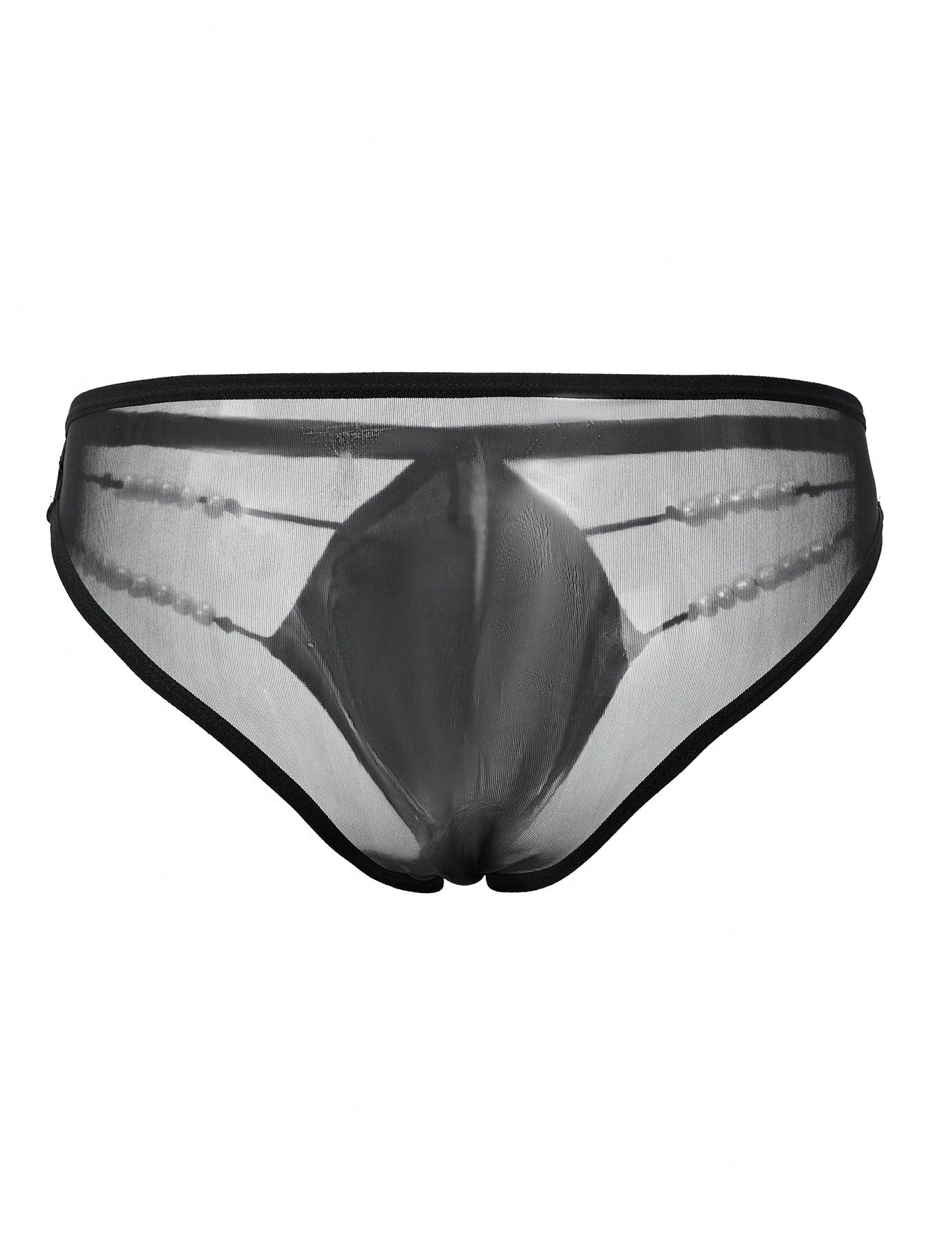Men's black low-rise briefs with bow tie and pearl decor, colorblock styling, semi-sheer unlined body, and 3D pouch design.
