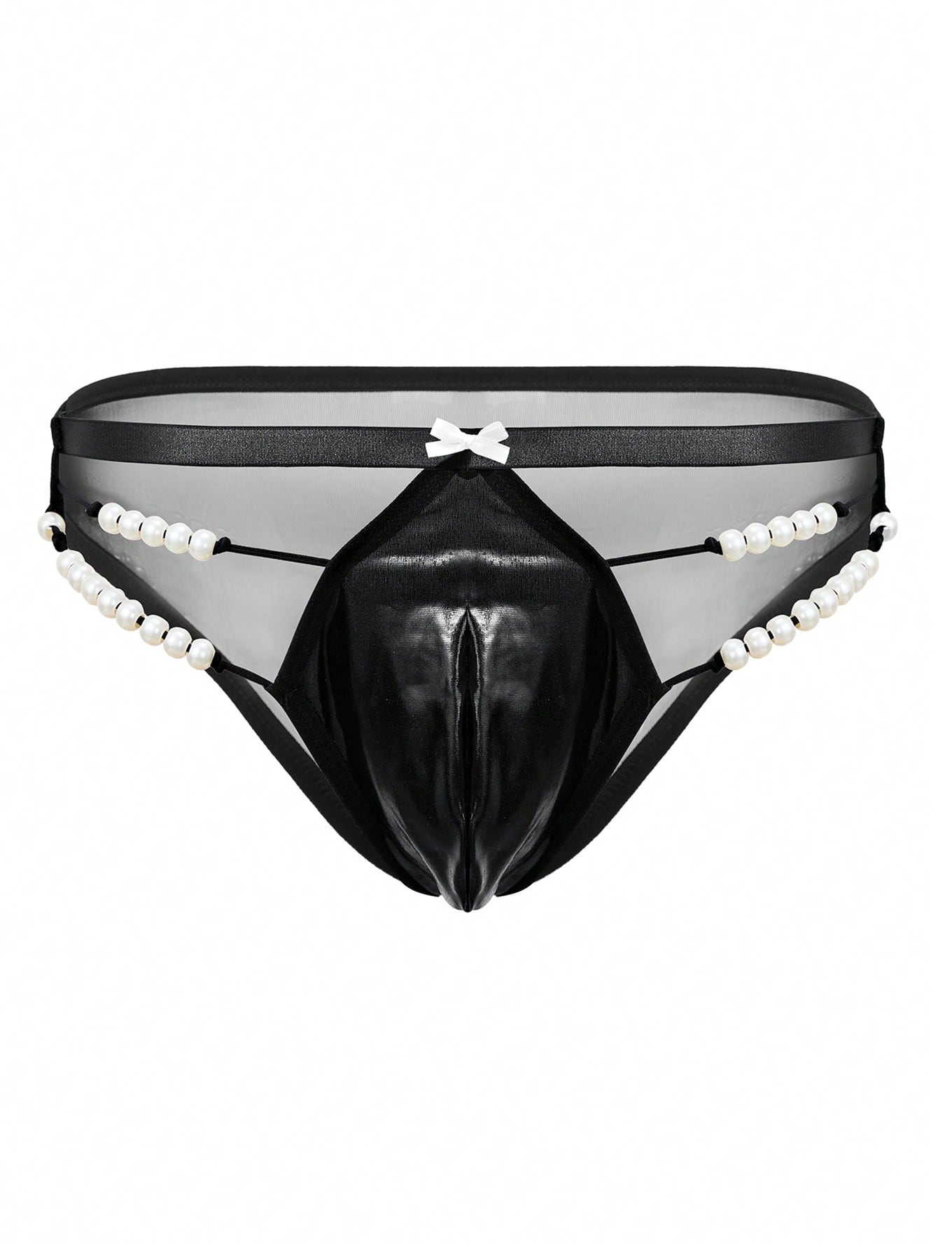 Men's black low-rise briefs with bow tie and pearl decor, colorblock styling, semi-sheer unlined body, and 3D pouch design.