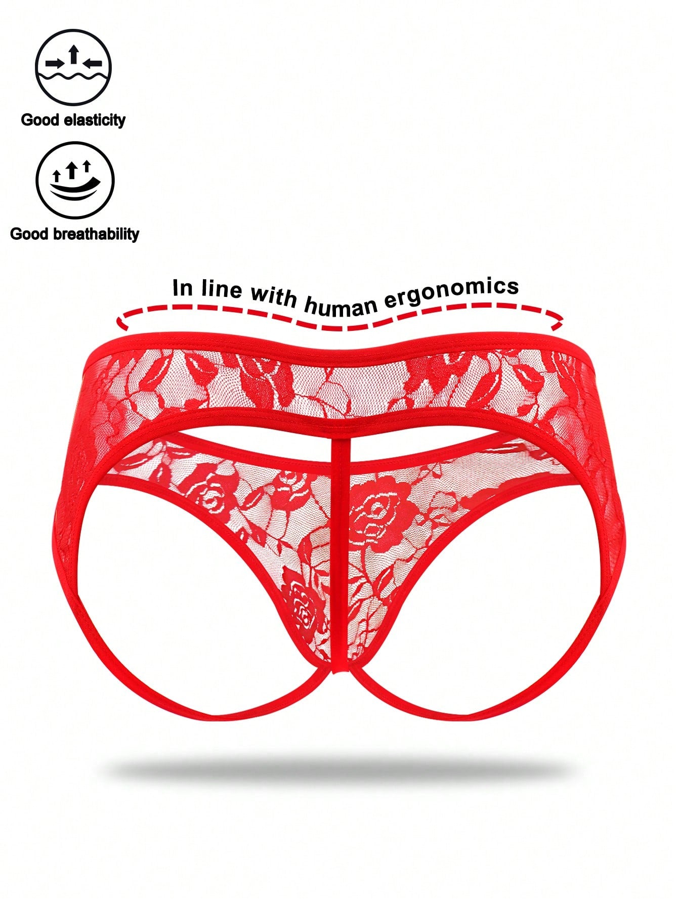 Men's black low-rise thong underwear with contrast rose lace trim and hollow-out back design
