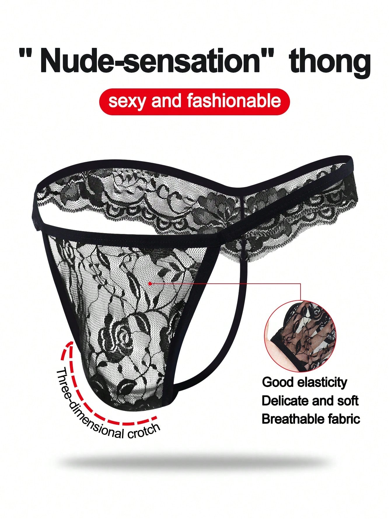 Men's low-rise mesh thong underwear with lace trim and a plain, alluring design