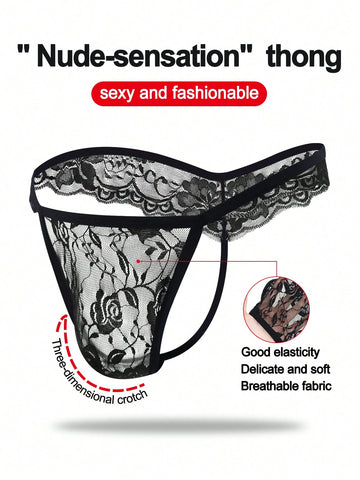 Men's low-rise mesh thong underwear with lace trim and a plain, alluring design