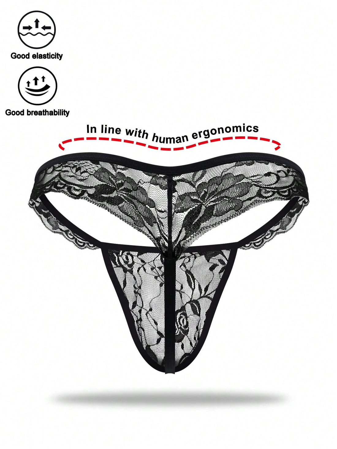 Men's low-rise mesh thong underwear with lace trim and a plain, alluring design