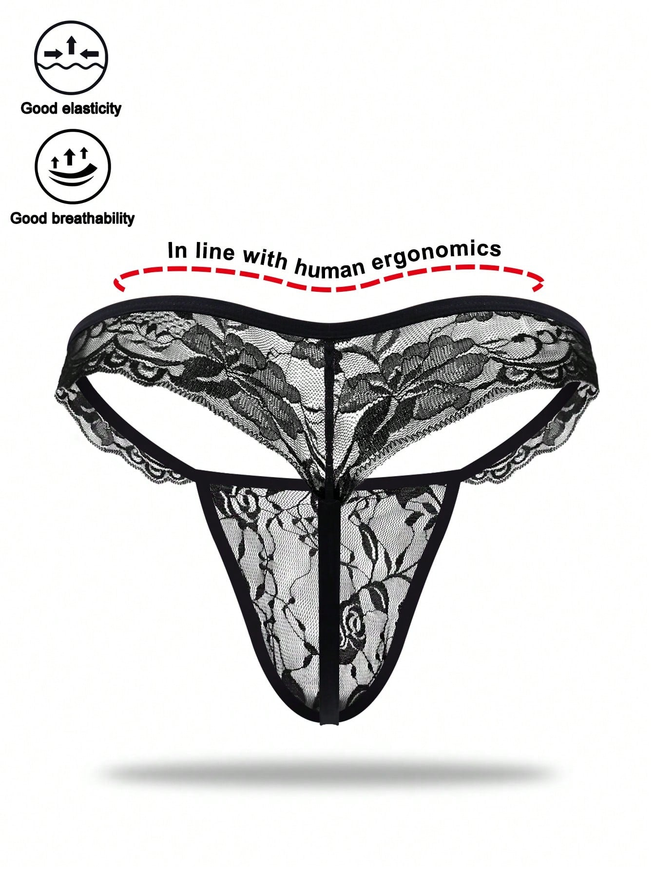 Men's low-rise mesh thong underwear with lace trim and a plain, alluring design