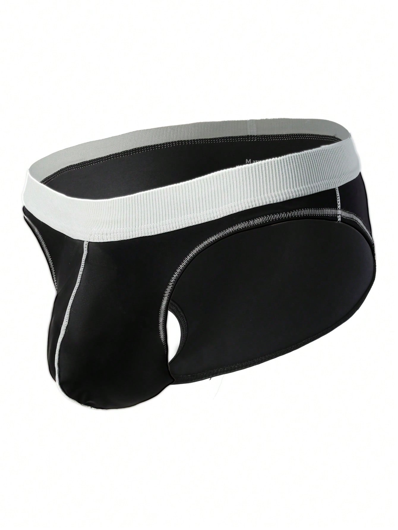 Men's low rise briefs with pouch, backless cut-out design, elastic waist, and contrast binding