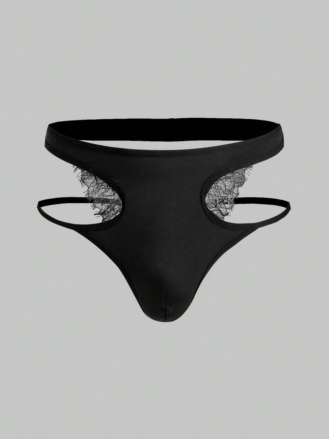 Men's black lace low-rise thong underwear in a plain unlined design