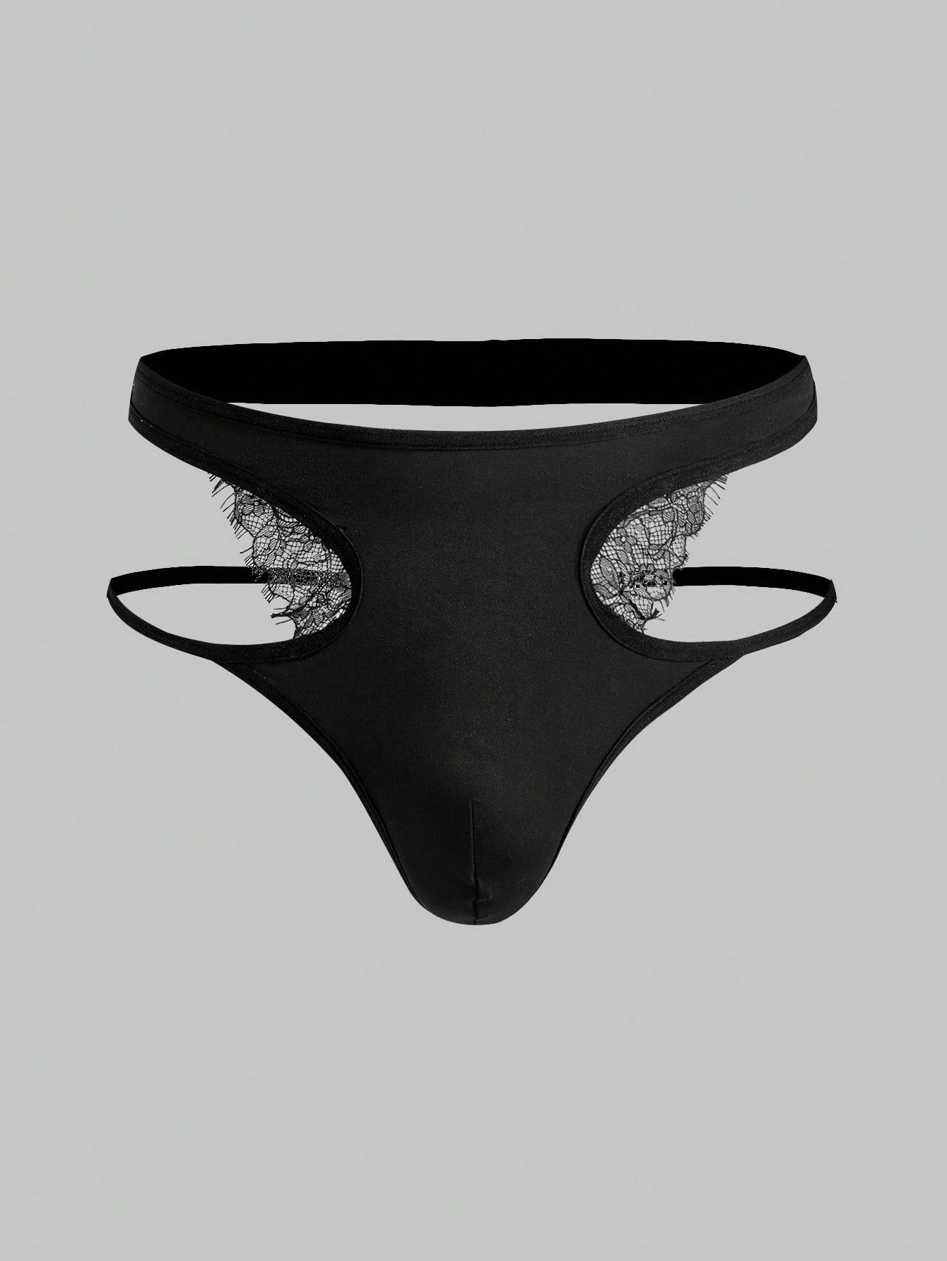 Men's black lace low-rise thong underwear in a plain unlined design