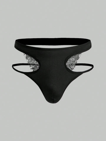 Men's black lace low-rise thong underwear in a plain unlined design