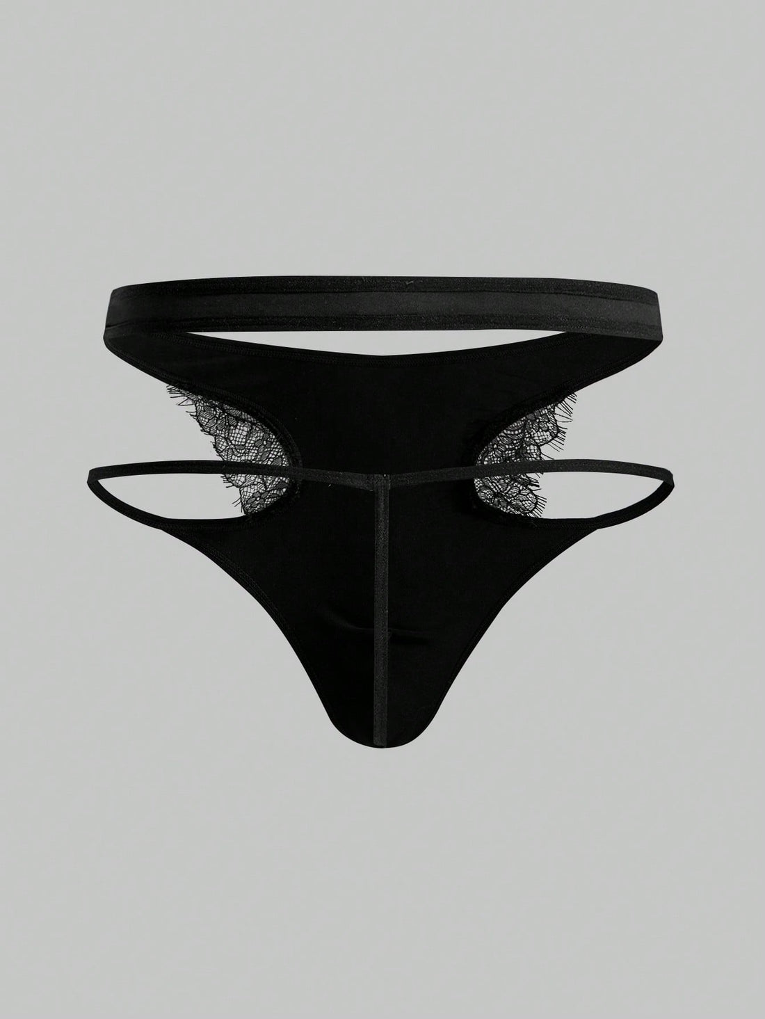 Men's black lace low-rise thong underwear in a plain unlined design