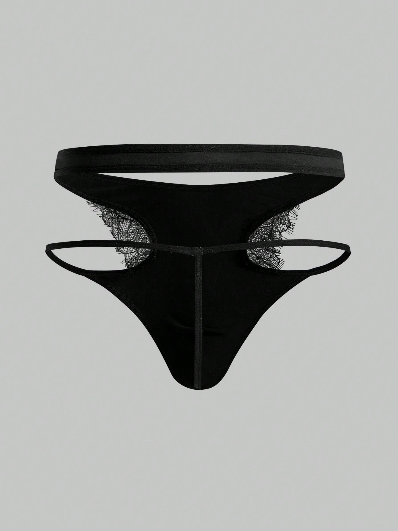 Men's black lace low-rise thong underwear in a plain unlined design