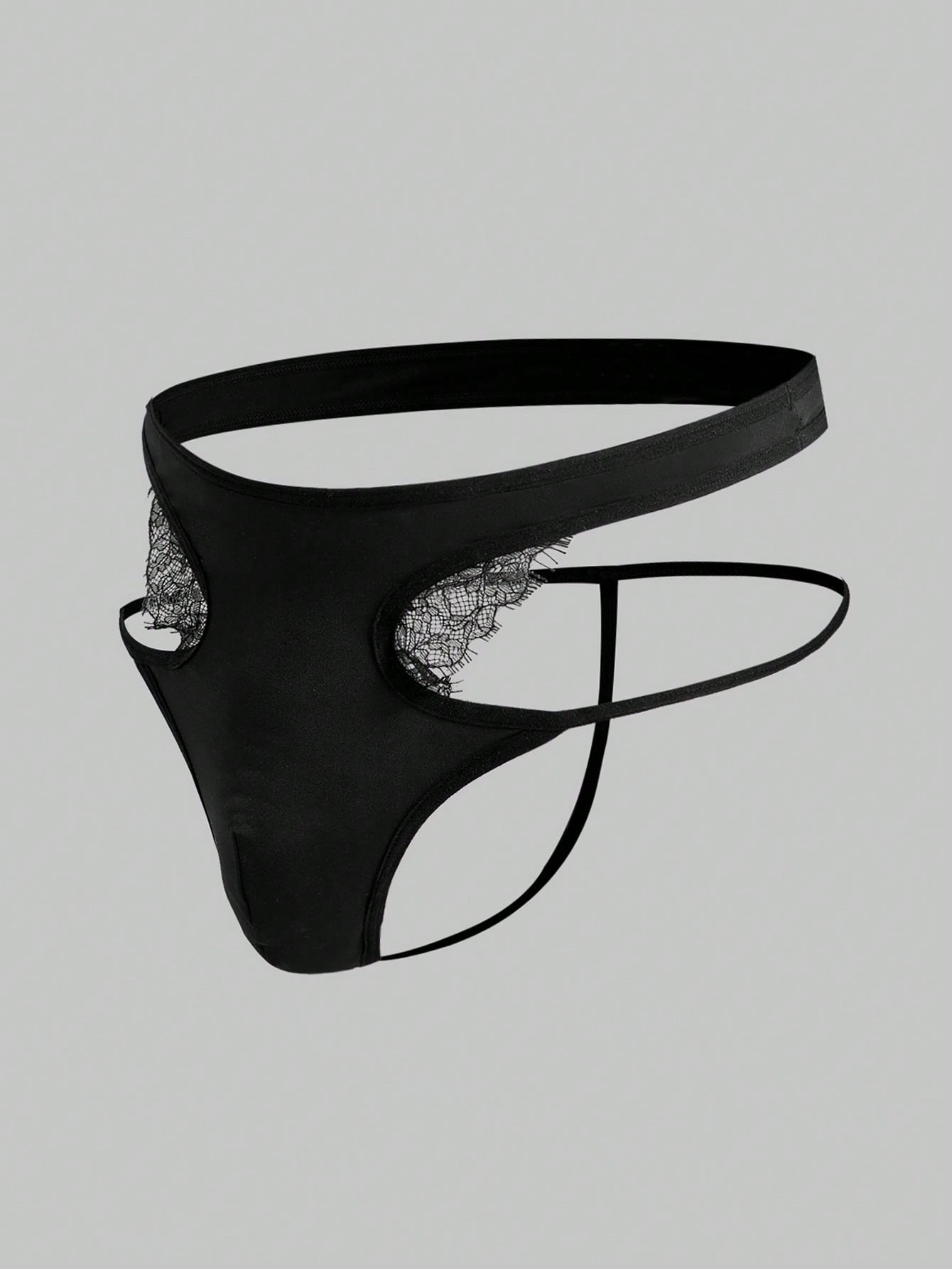 Men's black lace low-rise thong underwear in a plain unlined design