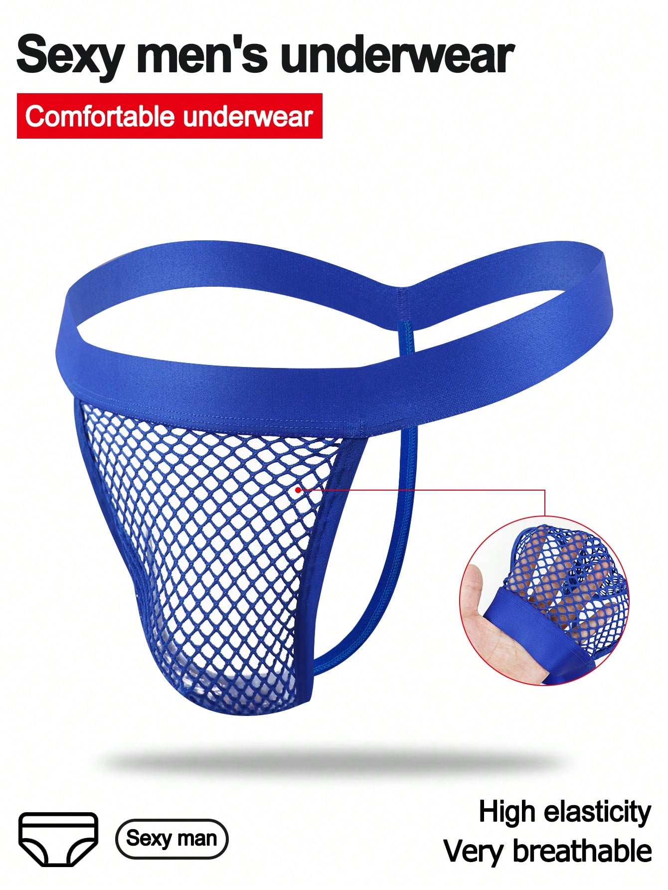 Men's hollow mesh mid-rise thong underwear with a colorblock design