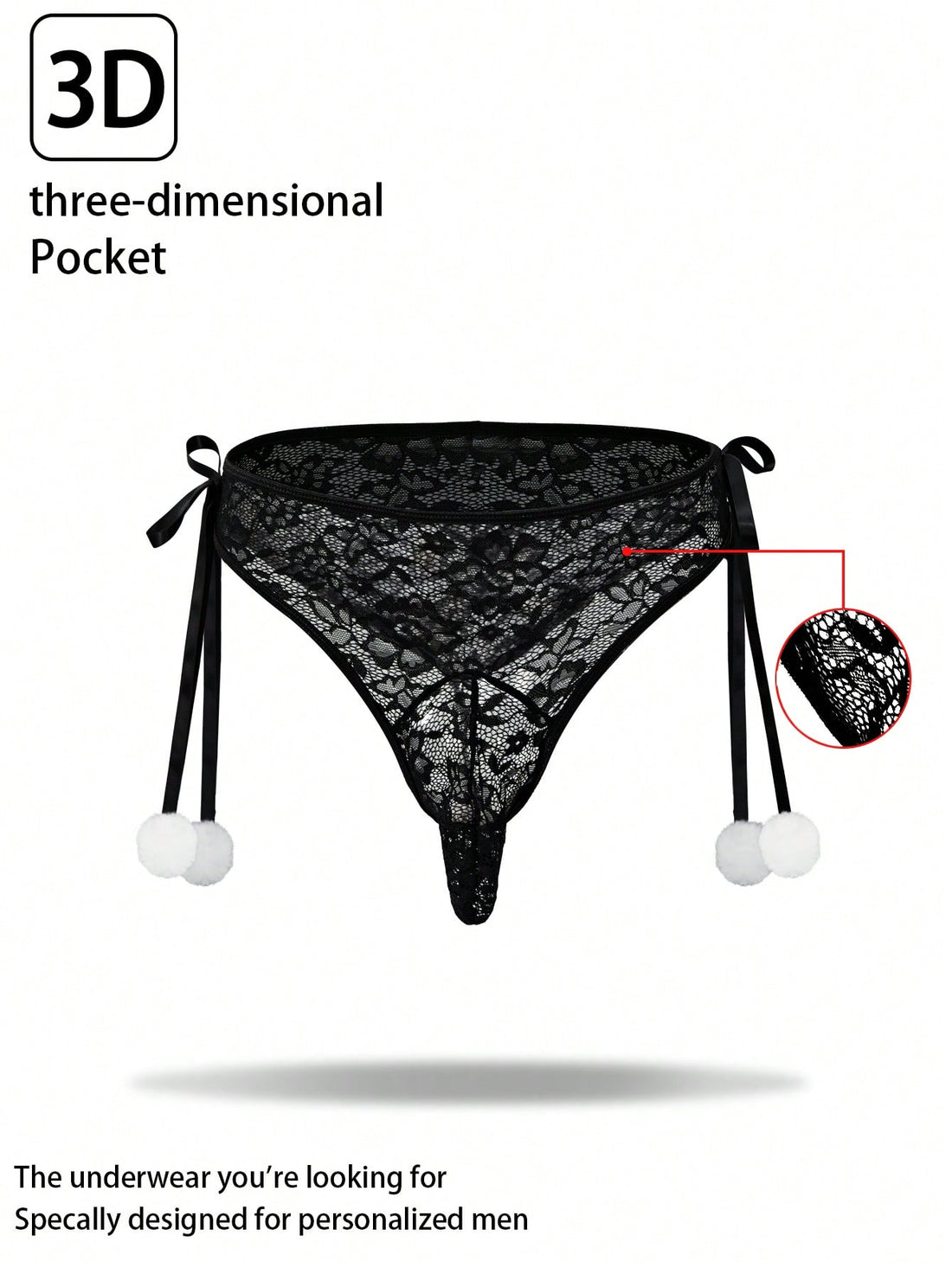 Men's black low-rise lace jockstrap thong underwear with hollow-out details and semi-sheer fabric