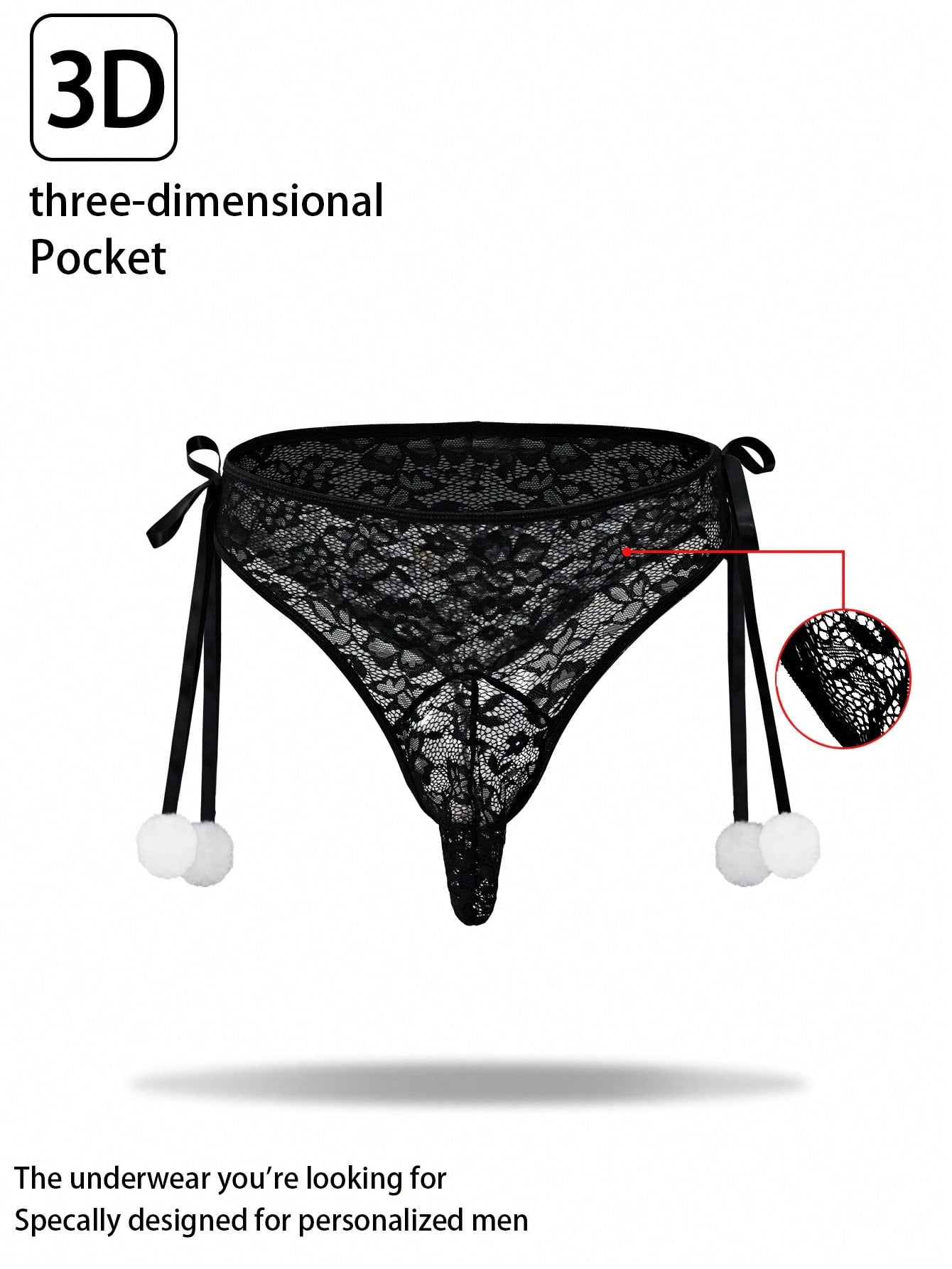Men's black low-rise lace jockstrap thong underwear with hollow-out details and semi-sheer fabric