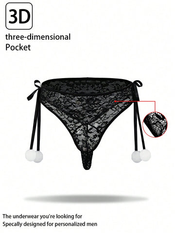 Men's black low-rise lace jockstrap thong underwear with hollow-out details and semi-sheer fabric