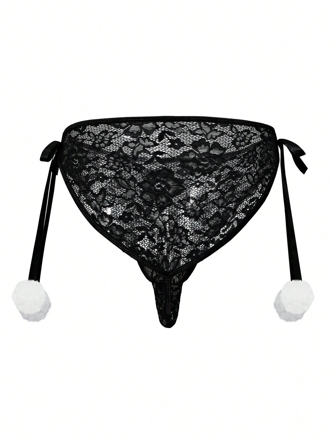 Men's black low-rise lace jockstrap thong underwear with hollow-out details and semi-sheer fabric
