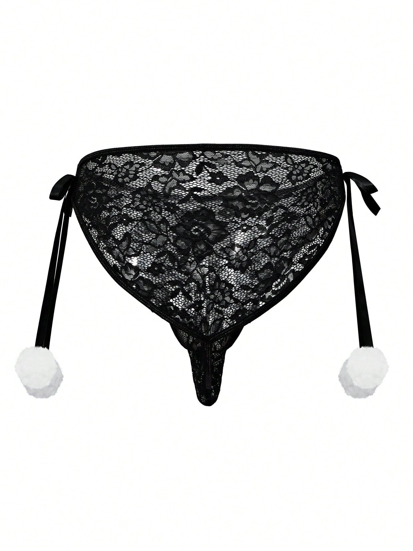 Men's black low-rise lace jockstrap thong underwear with hollow-out details and semi-sheer fabric