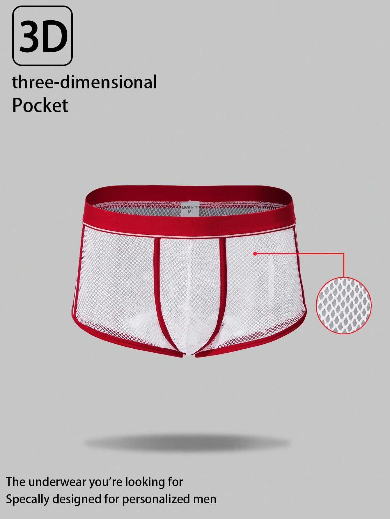 Rest Era men's white sheer mesh low-rise boxer shorts with hollow-out details and colorblock all-over print