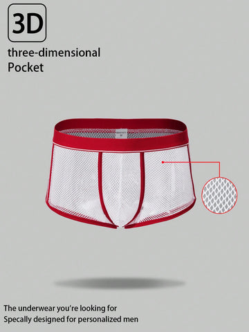 Rest Era men's white sheer mesh low-rise boxer shorts with hollow-out details and colorblock all-over print