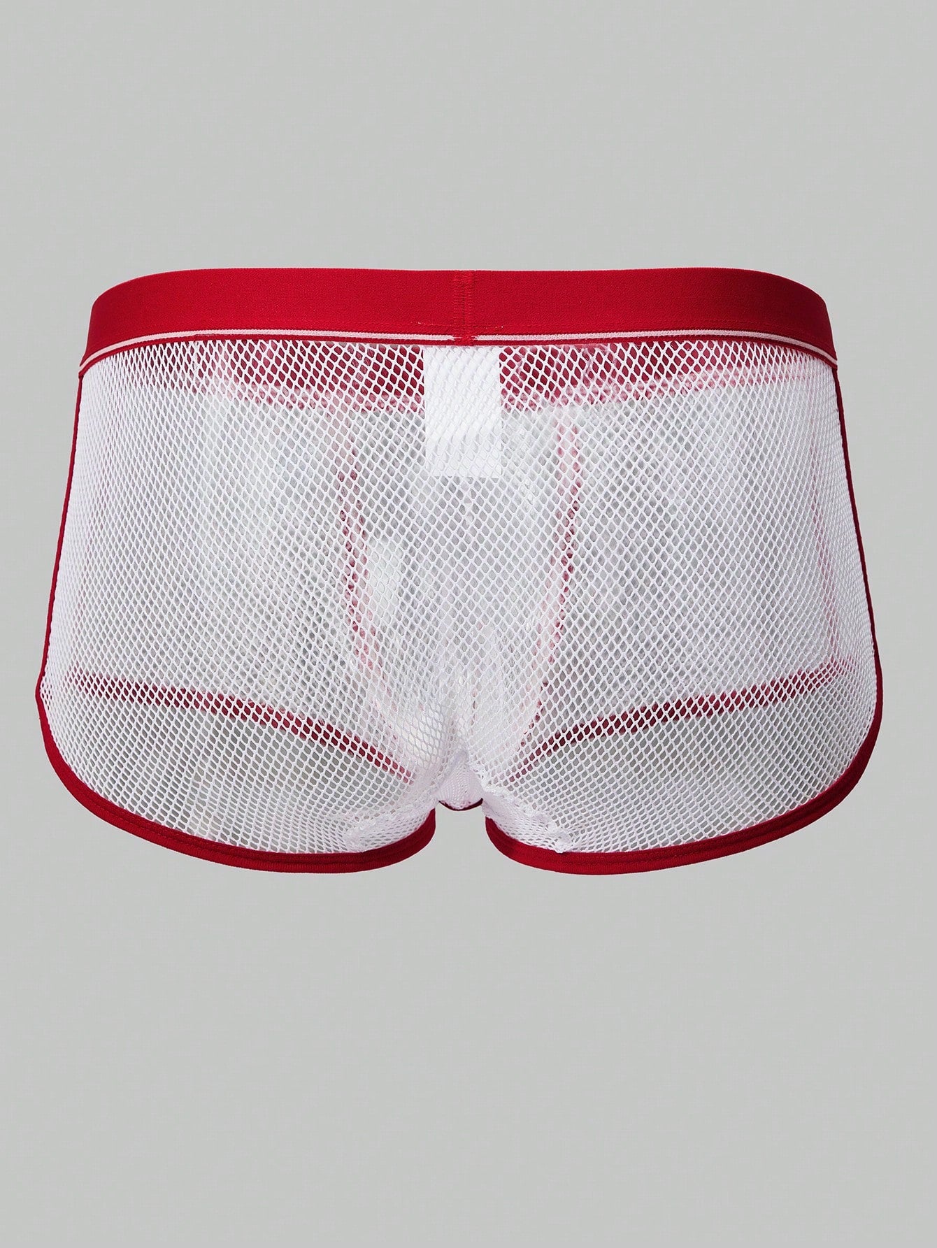Rest Era men's white sheer mesh low-rise boxer shorts with hollow-out details and colorblock all-over print
