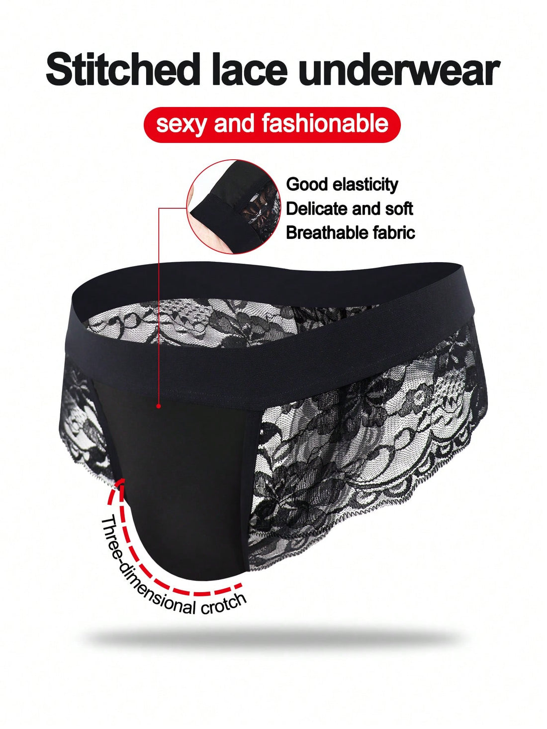 Men's black lace wave thong briefs with plant pattern detail and mid-rise styling