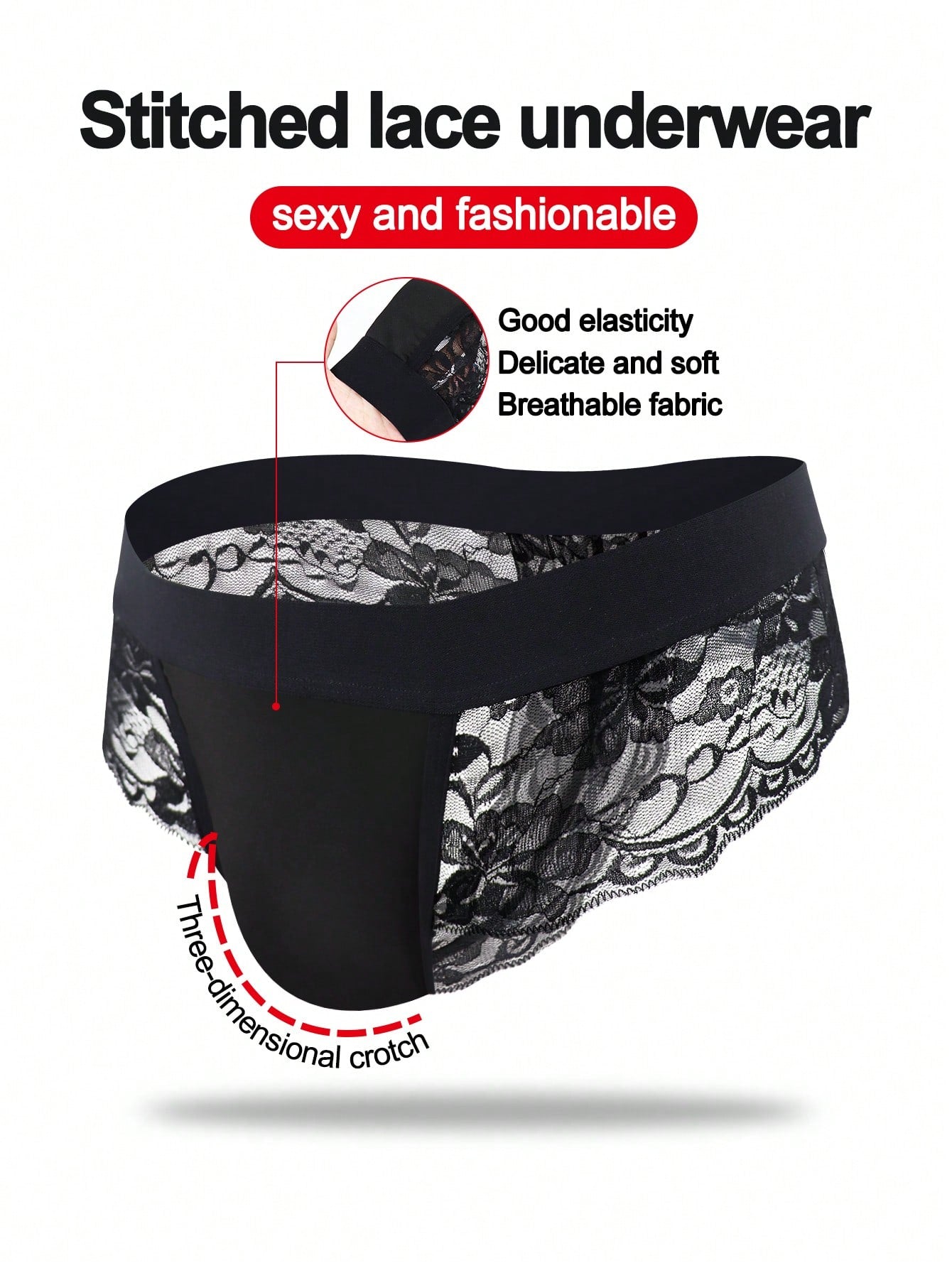 Men's black lace wave thong briefs with plant pattern detail and mid-rise styling
