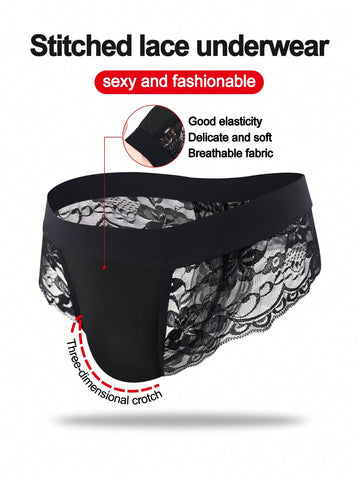 Men's black lace wave thong briefs with plant pattern detail and mid-rise styling